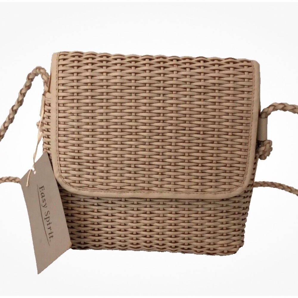 Cee Klein Light Beige Woven Rattan Crossbody Bag Neutral Coastal Grandma chic